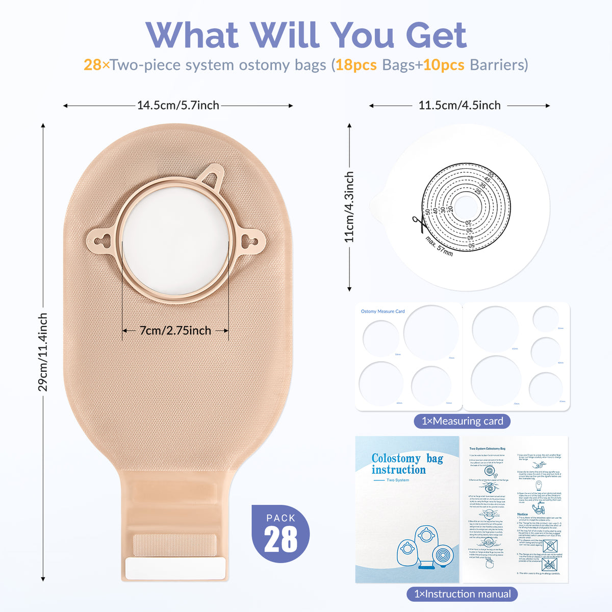 28 PCS Ostomy Supplies Colostomy Bags 2 Piece Ostomy Bag Two Piece Ostomy Drain Pouches for Ileostomy and Stoma Care, Trim-to-Fit 15-57 mm (18 x Bags+10 x Skin Barriers)