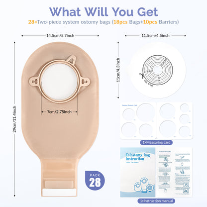 28 PCS Ostomy Supplies Colostomy Bags 2 Piece Ostomy Bag Two Piece Ostomy Drain Pouches for Ileostomy and Stoma Care, Trim-to-Fit 15-57 mm (18 x Bags+10 x Skin Barriers)